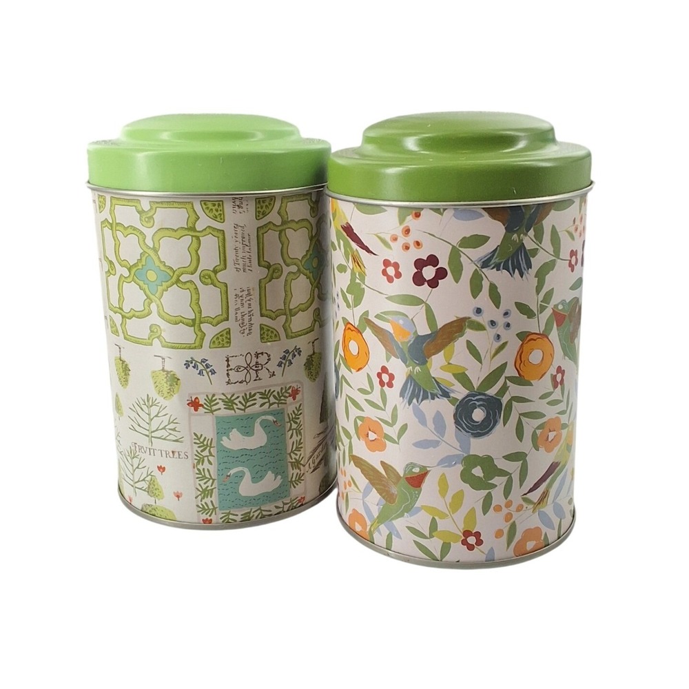 World Market Set of 2 Metal Tea Tins Hummingbird Garden Peacock